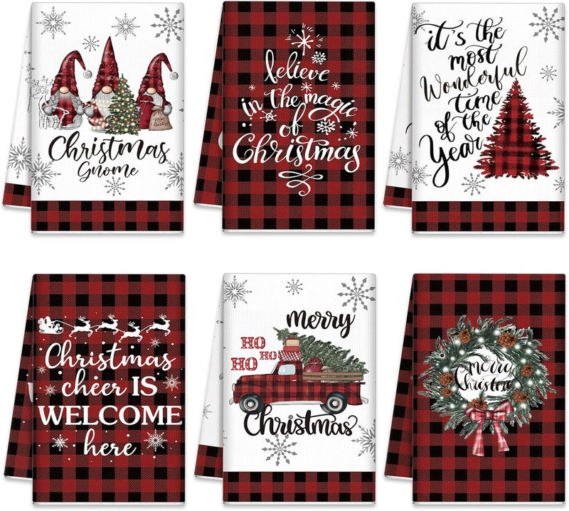 FuWeave 6 Pcs Christmas Kitchen Towels Decorative Buffalo Check Plaid Hand Towels 158 x 236 Inch Absorbent Red Black Dish Towels Xmas Gnome Truck Tea Towels for Winter Kitchen Housewarming Gifts - Image 1