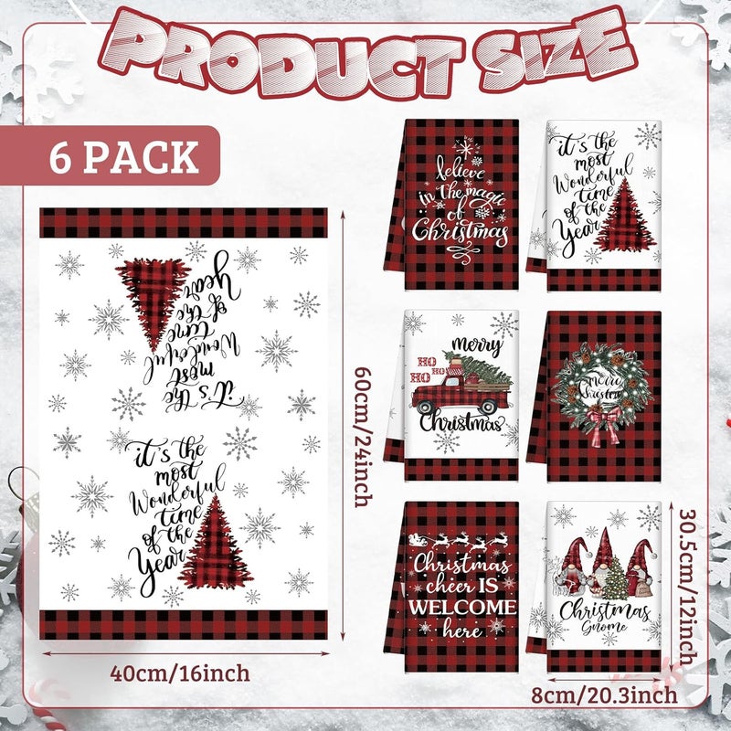 FuWeave 6 Pcs Christmas Kitchen Towels Decorative Buffalo Check Plaid Hand Towels 158 x 236 Inch Absorbent Red Black Dish Towels Xmas Gnome Truck Tea Towels for Winter Kitchen Housewarming Gifts - Image 3