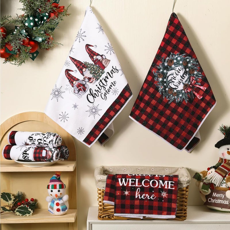 FuWeave 6 Pcs Christmas Kitchen Towels Decorative Buffalo Check Plaid Hand Towels 158 x 236 Inch Absorbent Red Black Dish Towels Xmas Gnome Truck Tea Towels for Winter Kitchen Housewarming Gifts - Image 5