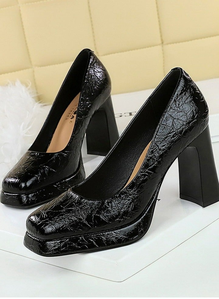 بيج تري منصة المرأة الكعب العالي المربع المغلق إصبع القدم مضخات الأسود - Image 1