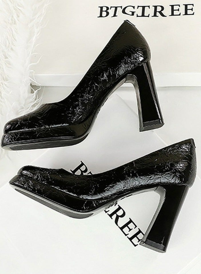 بيج تري منصة المرأة الكعب العالي المربع المغلق إصبع القدم مضخات الأسود - Image 3