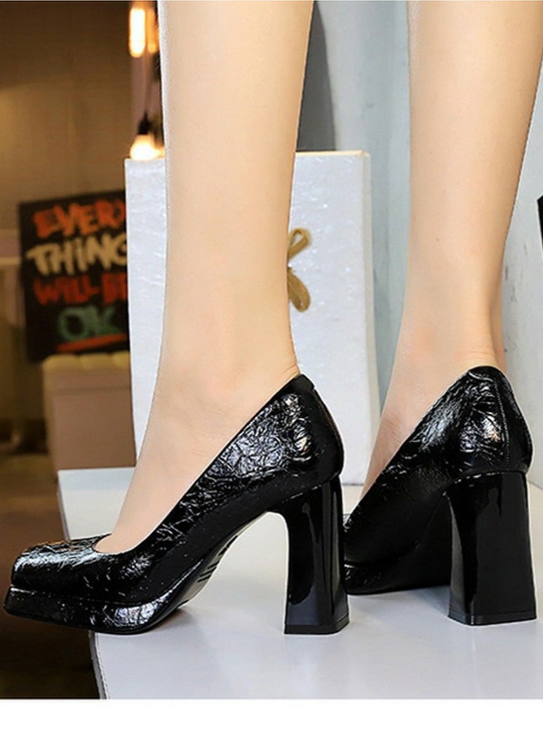 بيج تري منصة المرأة الكعب العالي المربع المغلق إصبع القدم مضخات الأسود - Image 5