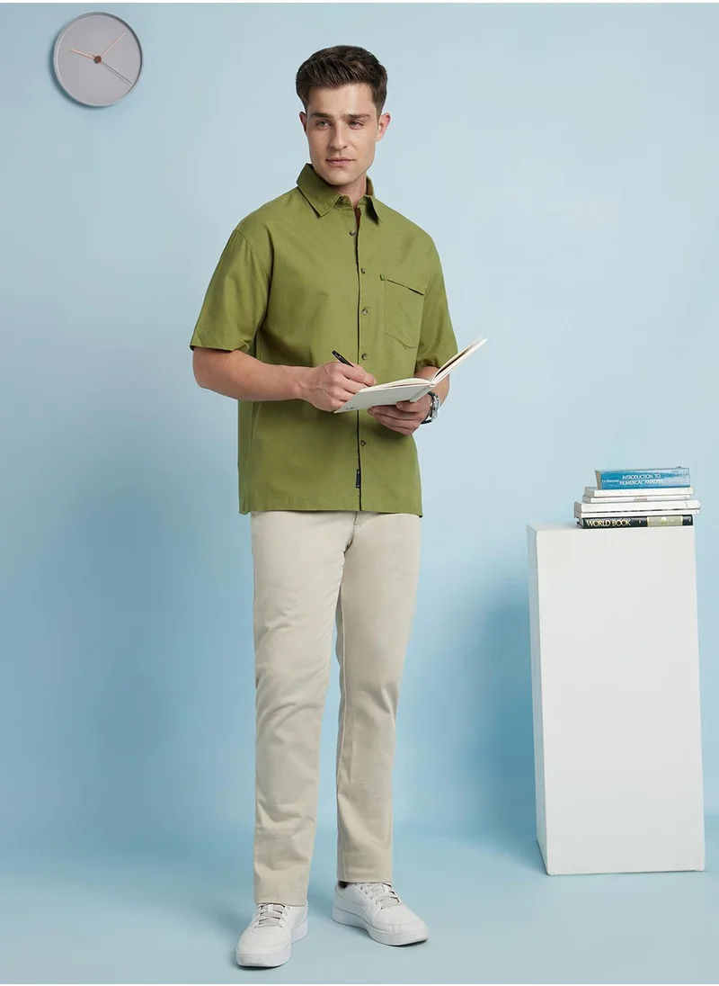 دينيس لينغو Green Relaxed fit Shirts Textured design crafted from 100% Cotton featuring Half Sleeve with Button closure.