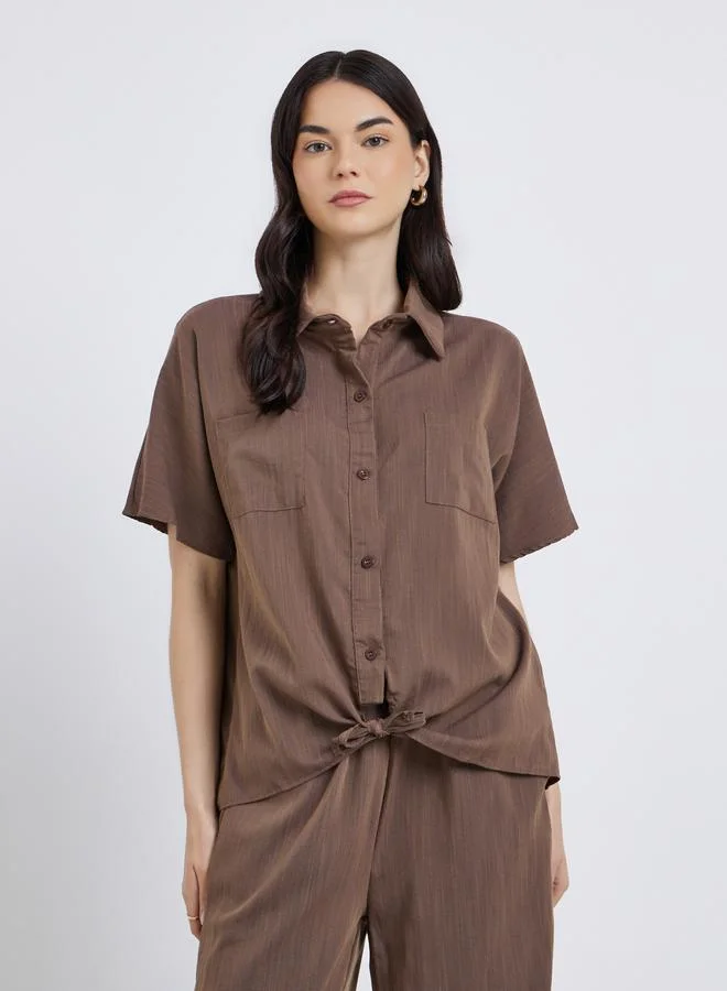 تايك تو Take Two Knotted Detail Buttoned Shirt and Pants Co-Ords