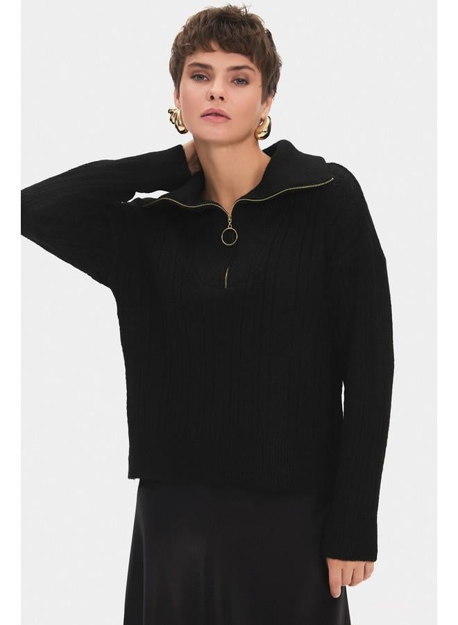 JUNE June Women High Collar Zipper Detailed Openwork/Hole Knitwear Sweater Black - Image 2