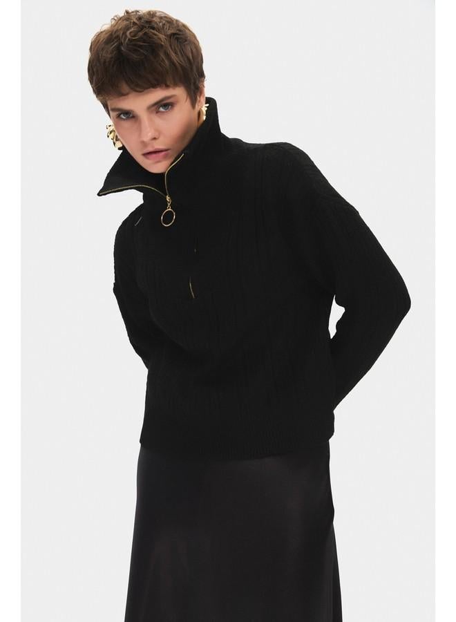 JUNE June Women High Collar Zipper Detailed Openwork/Hole Knitwear Sweater Black - Image 3