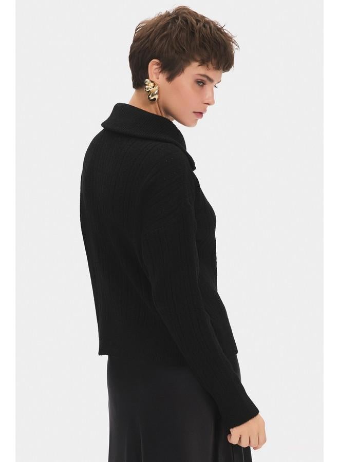 JUNE June Women High Collar Zipper Detailed Openwork/Hole Knitwear Sweater Black - Image 5