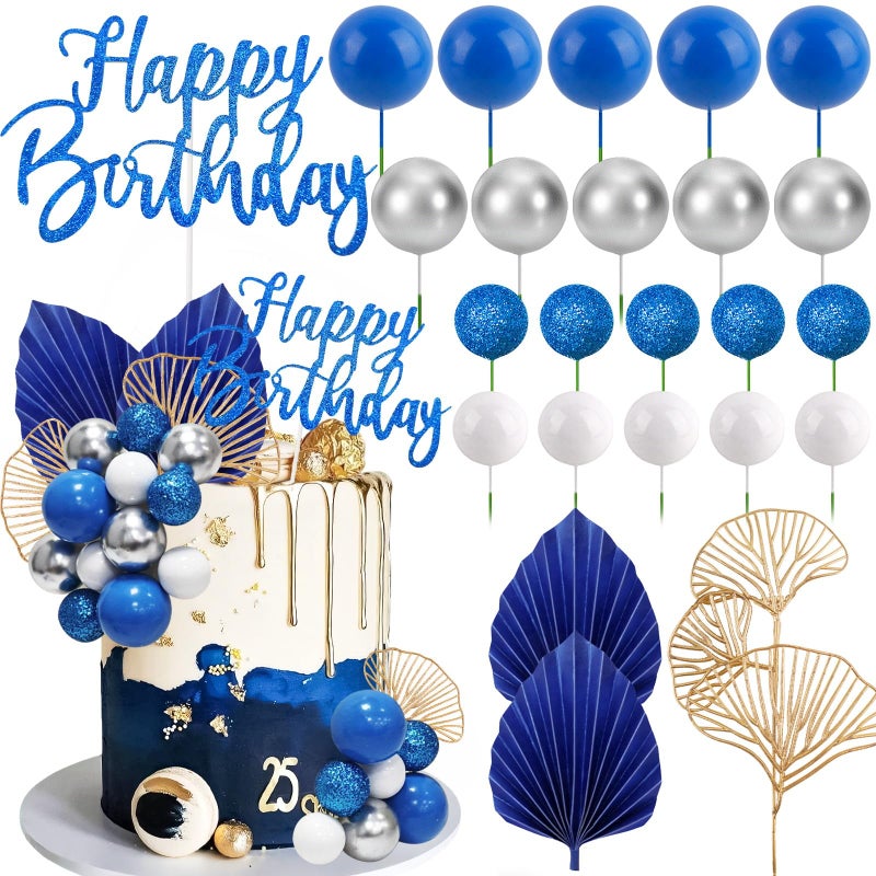 Morofme Blue Silver Balls Cake Decorations Navy Blue Themed Cupcake Toppers White Silver Balloon Cake Topper Glitter Happy Birthday Cake Decor Elegant Boho Cupcake Picks for Wedding Men Birthday Party - Image 3