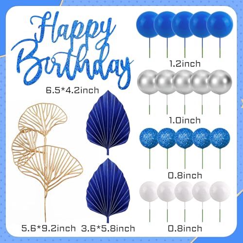 Morofme Blue Silver Balls Cake Decorations Navy Blue Themed Cupcake Toppers White Silver Balloon Cake Topper Glitter Happy Birthday Cake Decor Elegant Boho Cupcake Picks for Wedding Men Birthday Party - Image 5