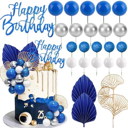 Morofme Blue Silver Balls Cake Decorations Navy Blue Themed Cupcake Toppers White Silver Balloon Cake Topper Glitter Happy Birthday Cake Decor Elegant Boho Cupcake Picks for Wedding Men Birthday Party - Image 1