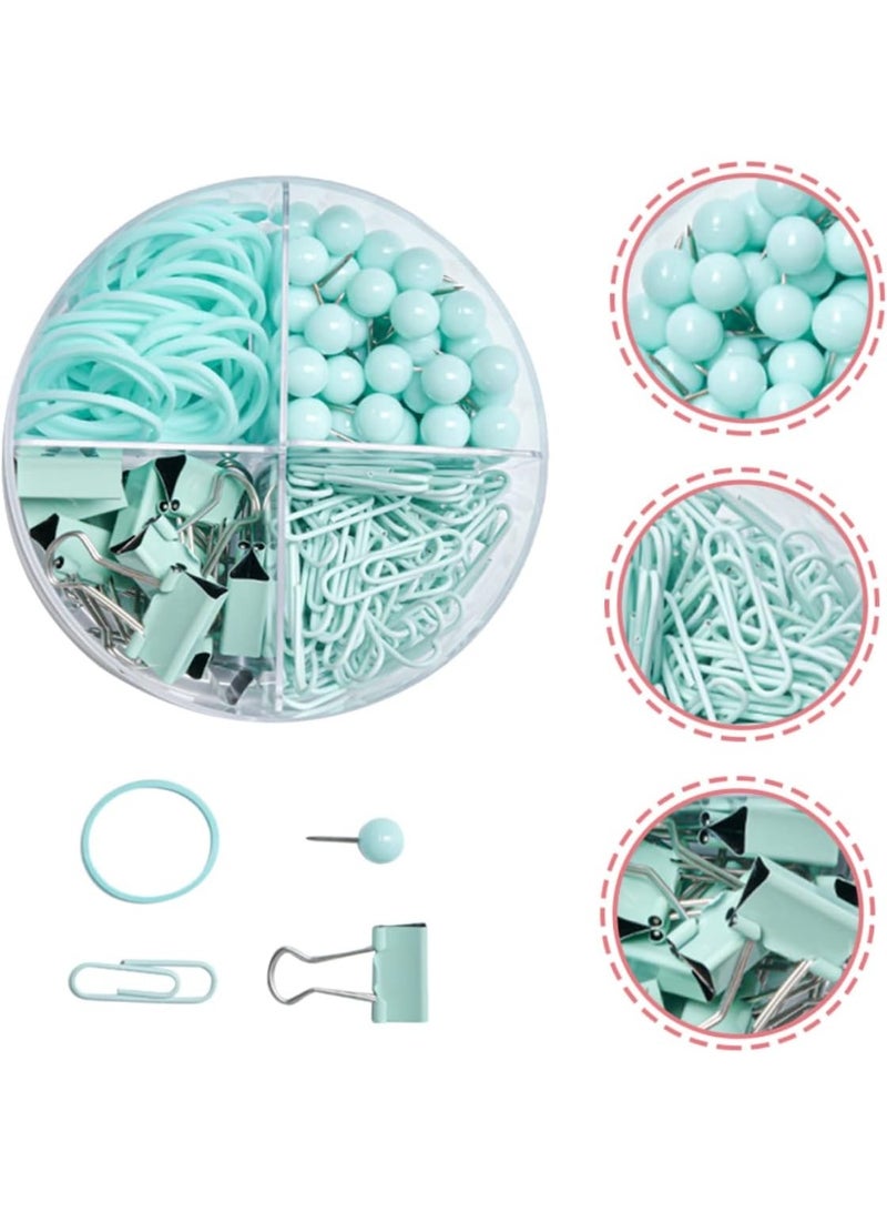 مجموعة دبابيس  مكونة من مشابك ورق اخضر فاتح، وملفات، ودبابيس، وأشرطة مطاطية مع صندوق تخزين - Image 3