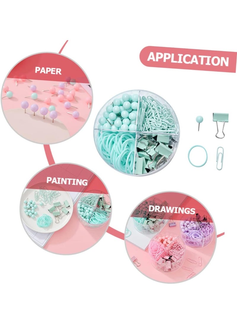 مجموعة دبابيس  مكونة من مشابك ورق اخضر فاتح، وملفات، ودبابيس، وأشرطة مطاطية مع صندوق تخزين - Image 4