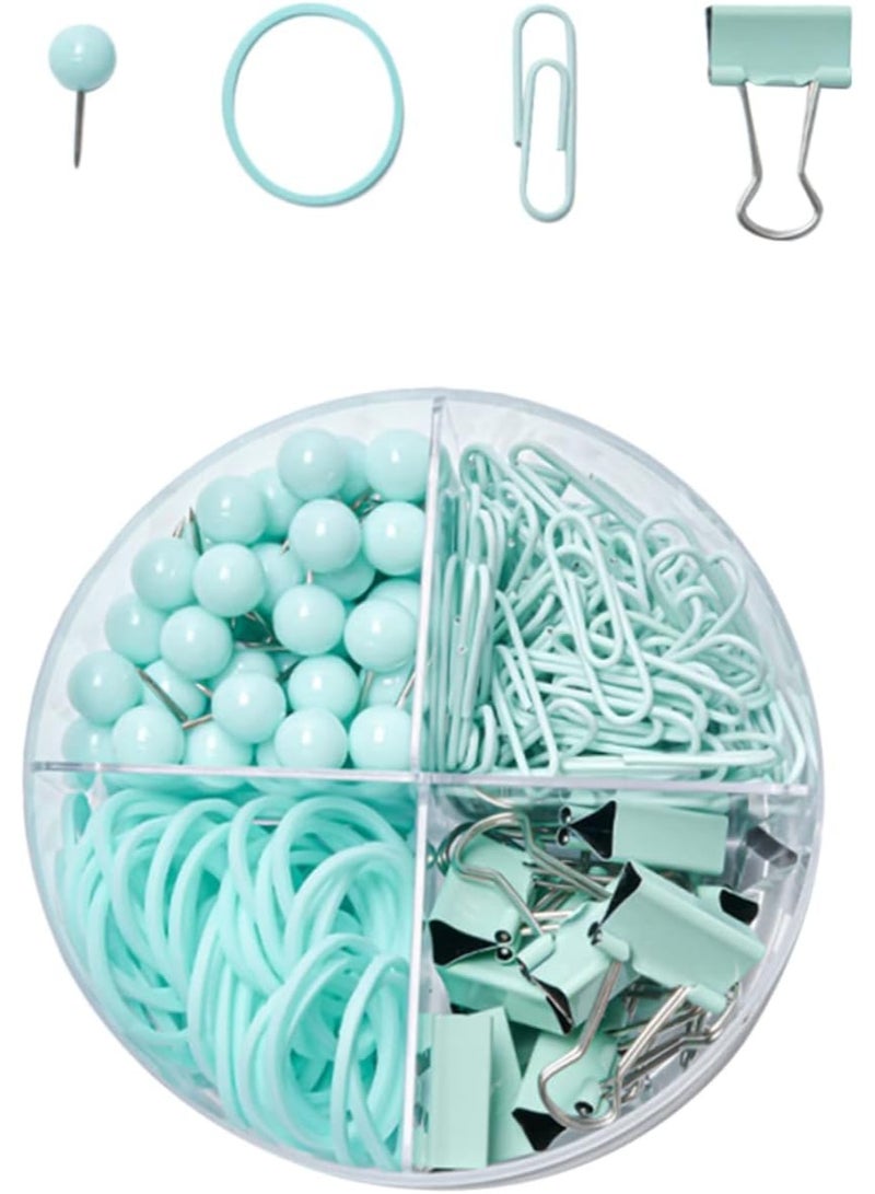 مجموعة دبابيس  مكونة من مشابك ورق اخضر فاتح، وملفات، ودبابيس، وأشرطة مطاطية مع صندوق تخزين - Image 1