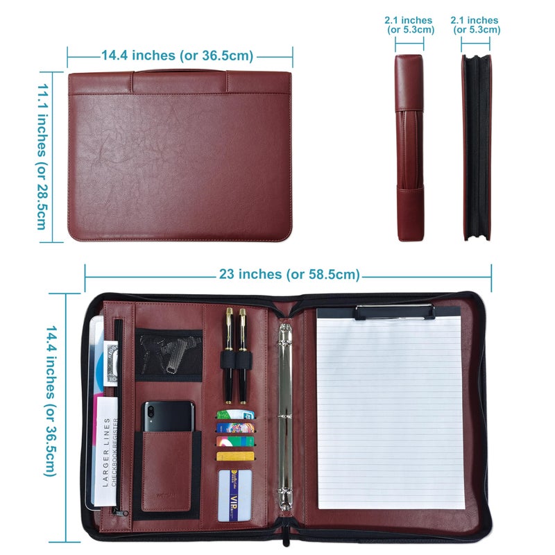 WEYEAH Faux Leather 3 Ring Portfolio Binder With Handle, Business Padfolio for Men & Women, Zippered Document Organizer for Home & Office Use, Including Clipboard, Notepad and Sheet Protectors (Brown) - Image 2