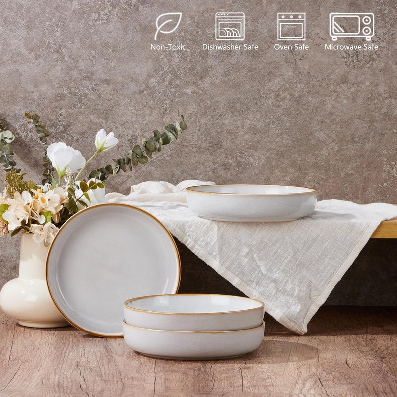Pasta Bowls Set of 4, 35oz Large Salad Bowls for Serving, Wide and Shallow Ceramic Plates for Kitchen, Double Reactive Glaze, Microwave and Dishwasher Safe, Seashell White - Image 2