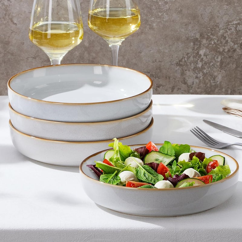 Pasta Bowls Set of 4, 35oz Large Salad Bowls for Serving, Wide and Shallow Ceramic Plates for Kitchen, Double Reactive Glaze, Microwave and Dishwasher Safe, Seashell White - Image 1