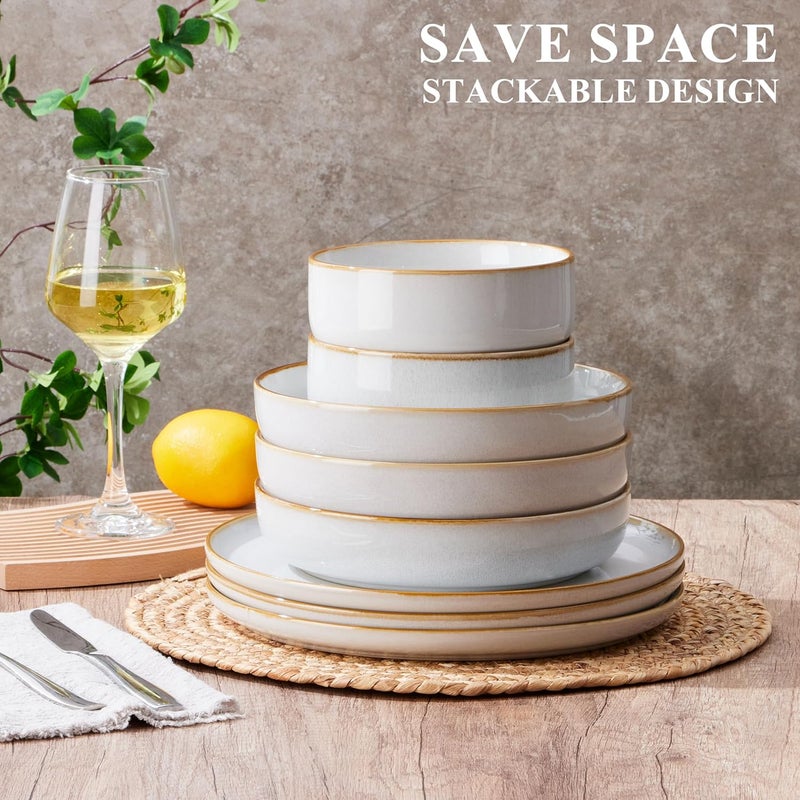 Pasta Bowls Set of 4, 35oz Large Salad Bowls for Serving, Wide and Shallow Ceramic Plates for Kitchen, Double Reactive Glaze, Microwave and Dishwasher Safe, Seashell White - Image 4