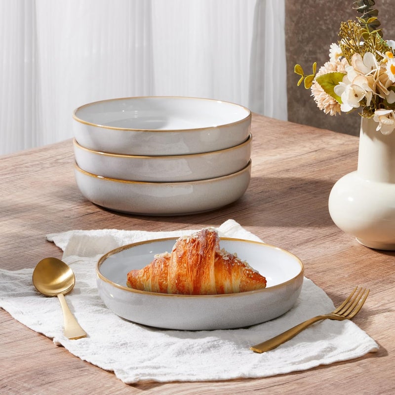 Pasta Bowls Set of 4, 35oz Large Salad Bowls for Serving, Wide and Shallow Ceramic Plates for Kitchen, Double Reactive Glaze, Microwave and Dishwasher Safe, Seashell White - Image 5