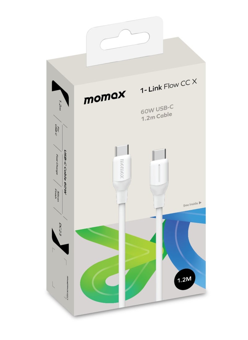 Momax - Momax Flow 60W USB-C to USB-C 1.2m Silicone Cable, Fast Charging and Data Transfer, White - Image 1