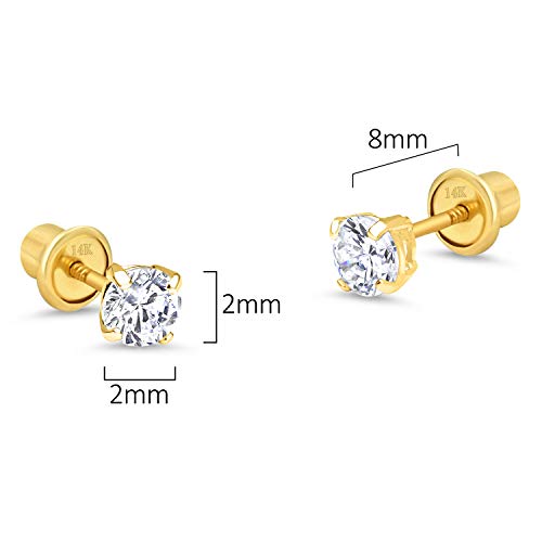 Lovearing 14k Yellow Gold Tiny Small 2mm Basket Round Cubic Zirconia Children Screw Back Baby Girls Earrings - Image 2