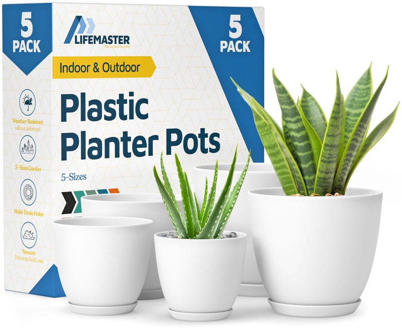Lifemaster Eco Friendly Plant Pot Set -5-Pack Home Decor Flower Indoor and Outdoor Plastic Pots with Drainage Holes, Assorted Sizes (7", 6.6", 6", 5.3", 4.8") - Stackable Garden Versatile Planters - Image 1