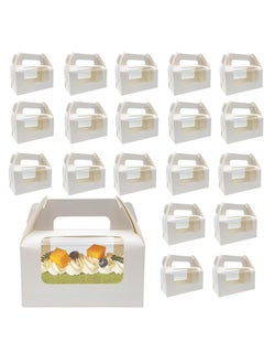 20 Pcs Cake Boxes, Paper Cake Packing Box, White Cake Packing Box with Clear Window, Handle and Base for Cakes, Pastries, Cookies, Cupcakes, Swiss Roll (6.3 x 3.7 x 3.1 Inches)