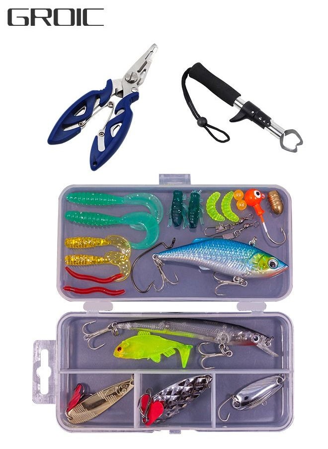 GROIC 26 Pieces Fishing Lures Kit Set for Including Soft Plastic Worms Baits Crankbait Jigs Hooks Lip Gripper and Fishline scissors.  - Image 1