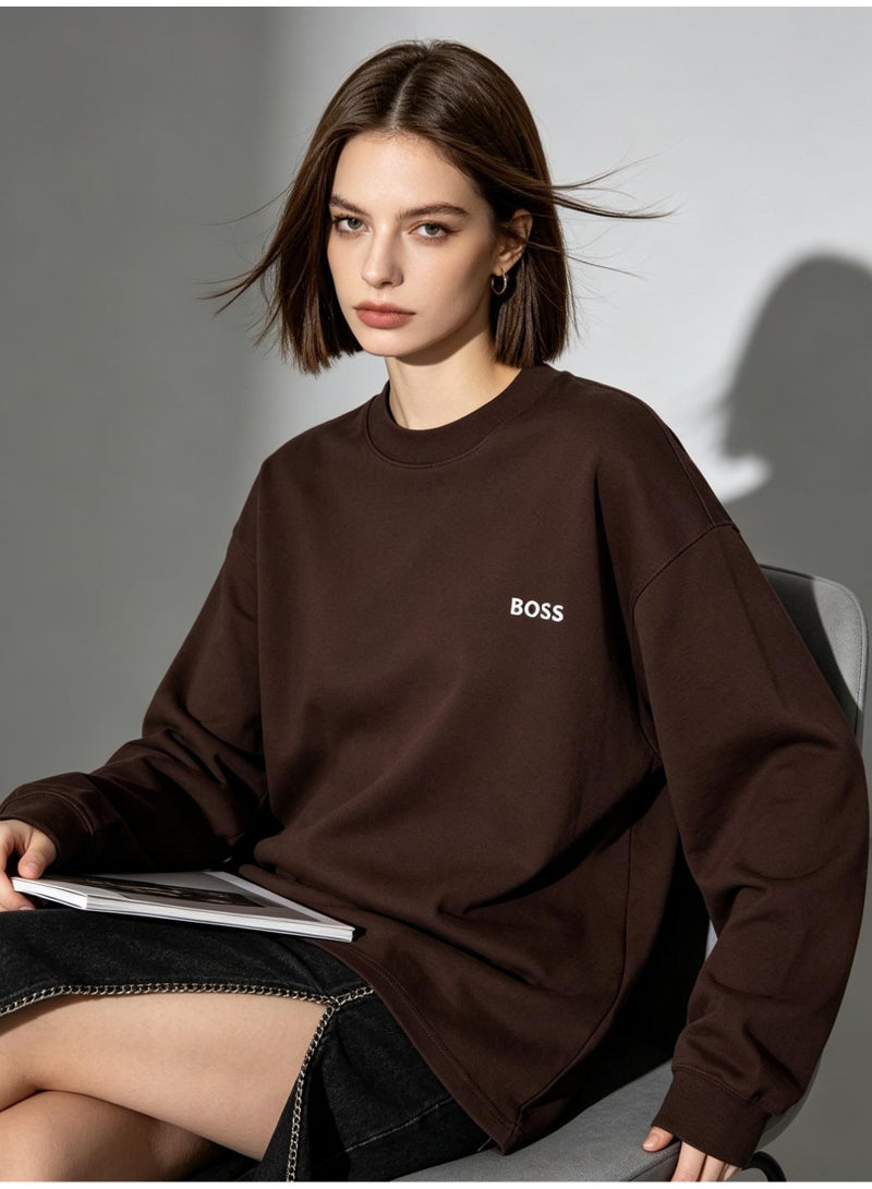 BOSS Men Rich Coffee Brown Crew Neck Sweatshirt Earth Tone Retro Casual Street Outfit Brown - Image 5