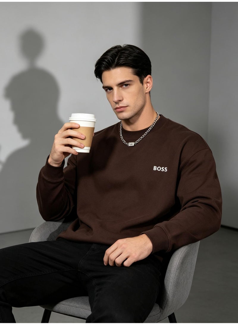 BOSS Men Rich Coffee Brown Crew Neck Sweatshirt Earth Tone Retro Casual Street Outfit Brown - Image 1