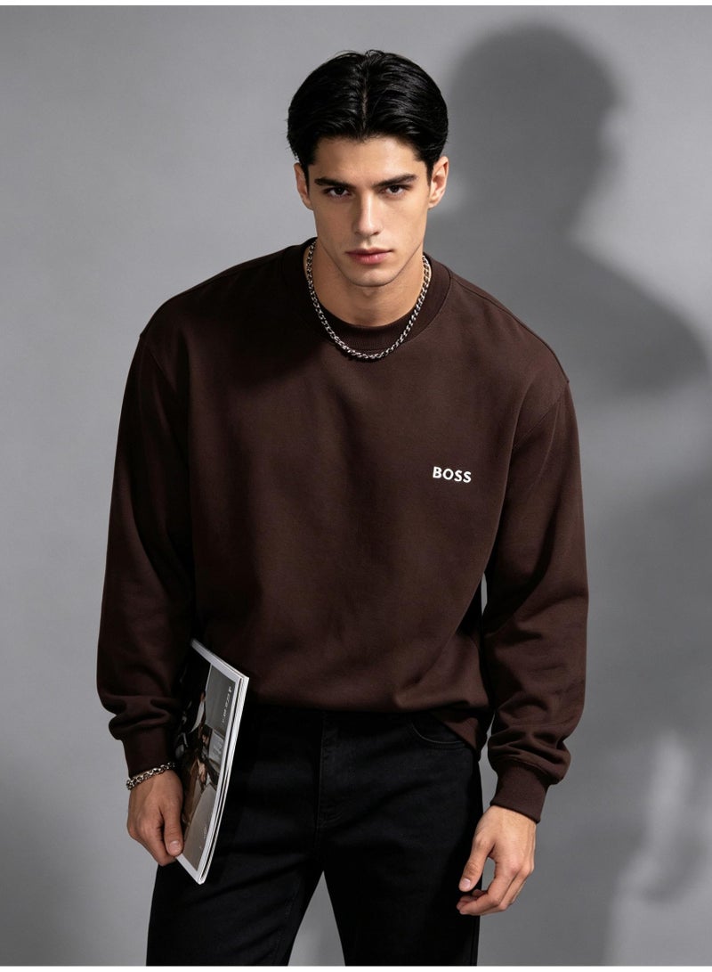 BOSS Men Rich Coffee Brown Crew Neck Sweatshirt Earth Tone Retro Casual Street Outfit Brown - Image 3