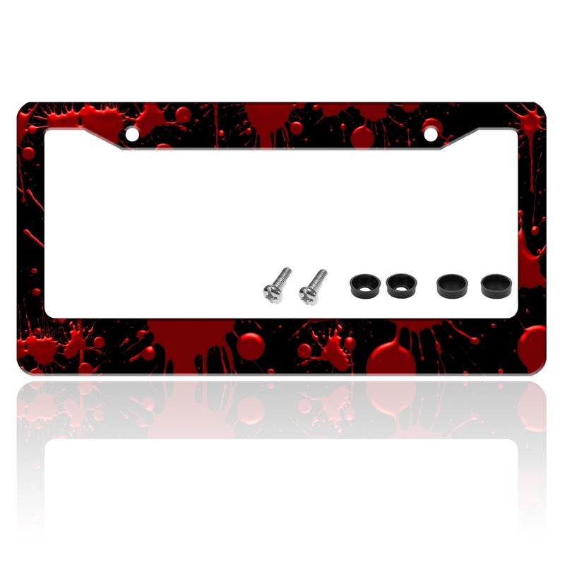 TINALUIN Red Blood Drop License Plate Frame Blood Spatter License Plate Holder for Front or Rear Car Tags Reusable Stainless Steel Funny Car Decoration with Screws 6.3 X 12.2 Inch - Image 1