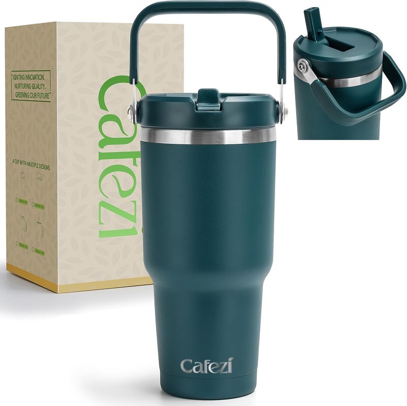 Cafezi 30 oz Tumbler with Handle, Vacuum Insulated Tumblers with Flip Straw and Top Handle, Reusable Insulated Cup for Home, Outdoors, Leakproof, Fits in Cup Holder, Cold for 30 Hours - Image 1