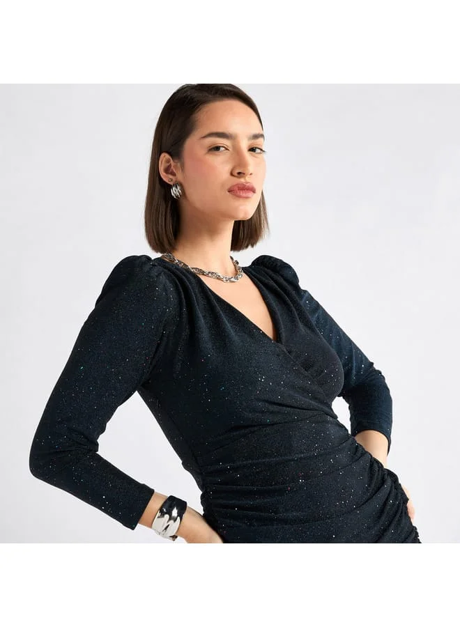 Splash FAV Shimmer Textured Mini Dress with Cinched Detail and V-neck