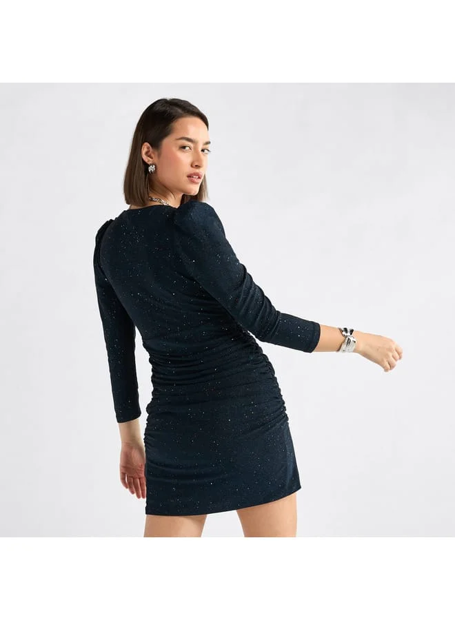 Splash FAV Shimmer Textured Mini Dress with Cinched Detail and V-neck