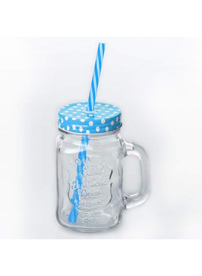 Kosh Mason Jar With Lid And Straw For Drinks, Beverages Fruit Juice Glass Airtight Frosty Jar with Handle Mason mug Jars set with Lid and Reusable Straw (Random Color, Clear, 450 ml) (1 PC) - Image 1