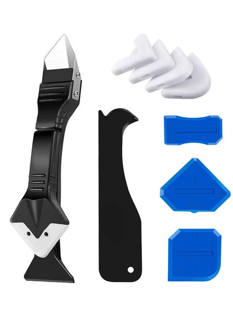Caulking Tool Kit, 3 in 1 Silicone Caulk Remover Glass Glue Angle Scraper for Kitchen Bathroom Window Sink Joint with 5 Replaceable Silicone Pads