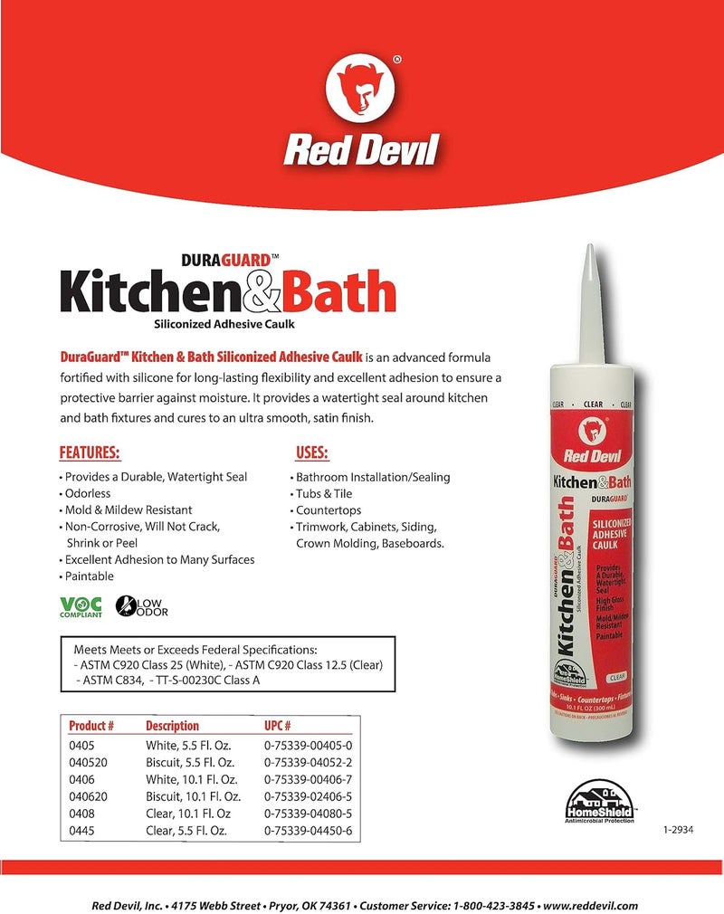 Red Devil 0445 Duraguard Kitchen & Bath Siliconized Acrylic Caulk, 5.5 oz - Clear - Image 3