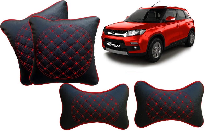 Selifaur Black and Red Double Quilted Car Cushion and Neck Rest Pillow Set of 4 for Vitara Brezza - Image 1