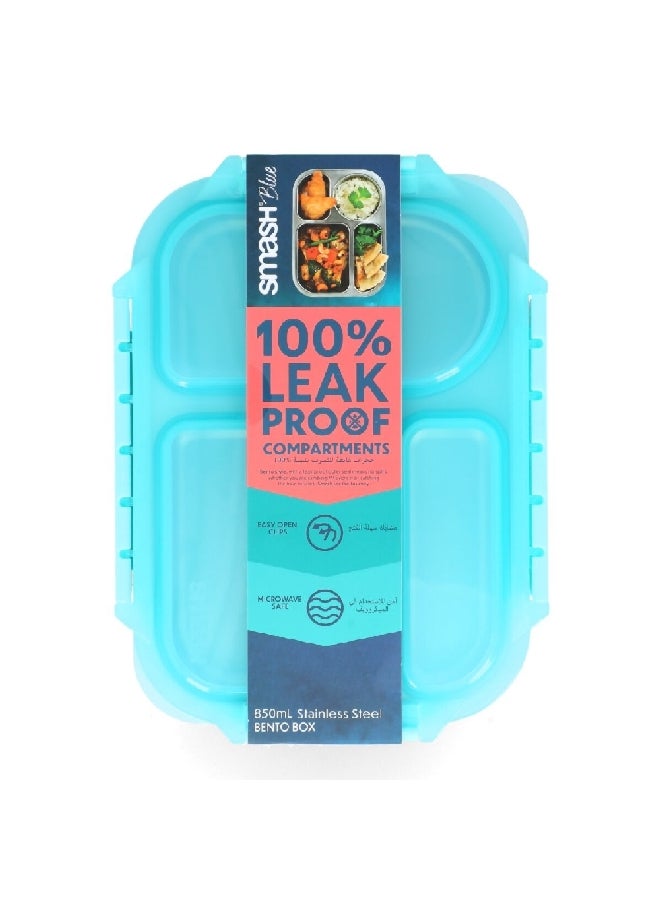 Smash 4-Compartment Leak Proof Microwave Safe Stainless Steel Bento Box Aqua and Silver 850 ml 11243 - Image 1