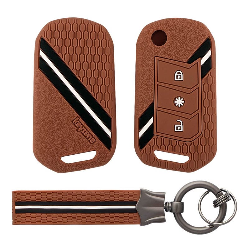 KeyZone غطاء مفتاح سيليكون مخطط ومفتاح مدمج من كي زون متوافق مع ماهيندرا ثار روكس، Xuv3xO، سكوبيو-N، Xuv700، ثار، Xuv400، Xuv300، بوليرو نيو، مارازو، مفتاح قابل للطي 3 أزرار (بني مع مخطط بني KH) - Image 1