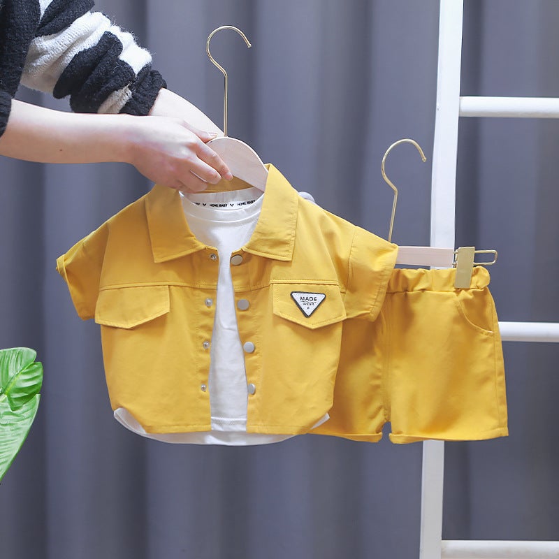 Boys summer short-sleeved lapel shirt suit 2023 new childrens baby Summer two-piece fashion Childrens suit Yellow