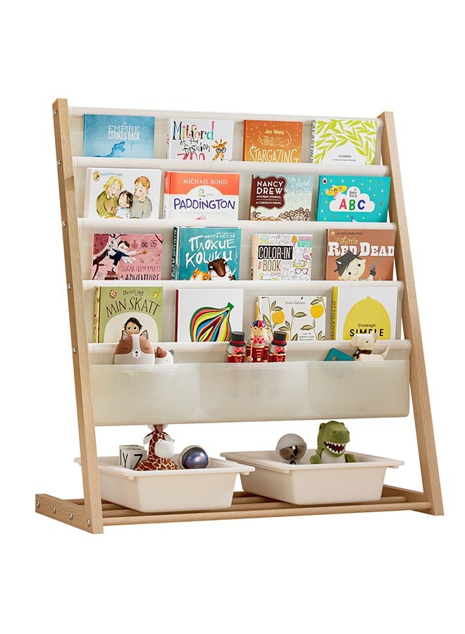 إسكدنيا مكتبة كتب للأطفال، رف كتب للأطفال بـ 4 أرفف و الكتب، و3 أرفف لتنظيم الألعاب، عرض جانبي للكتب مع تخزين، مكتبة فصول دراسية بـ 4 طبقات، باللون البيج. - Image 2