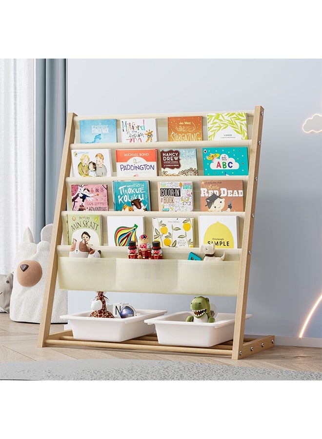 إسكدنيا مكتبة كتب للأطفال، رف كتب للأطفال بـ 4 أرفف و الكتب، و3 أرفف لتنظيم الألعاب، عرض جانبي للكتب مع تخزين، مكتبة فصول دراسية بـ 4 طبقات، باللون البيج. - Image 1