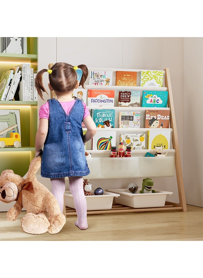 إسكدنيا مكتبة كتب للأطفال، رف كتب للأطفال بـ 4 أرفف و الكتب، و3 أرفف لتنظيم الألعاب، عرض جانبي للكتب مع تخزين، مكتبة فصول دراسية بـ 4 طبقات، باللون البيج. - Image 4