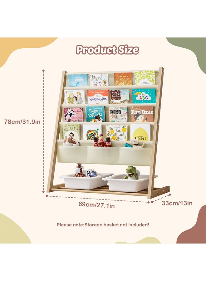 إسكدنيا مكتبة كتب للأطفال، رف كتب للأطفال بـ 4 أرفف و الكتب، و3 أرفف لتنظيم الألعاب، عرض جانبي للكتب مع تخزين، مكتبة فصول دراسية بـ 4 طبقات، باللون البيج. - Image 3