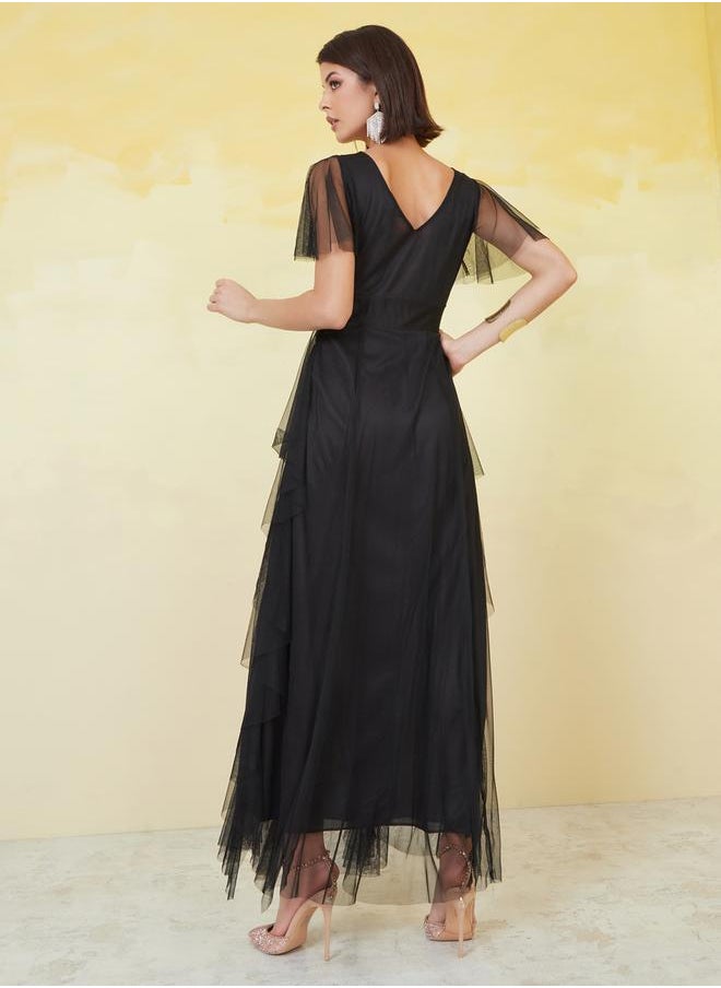 U&F - Mesh Insert Frill Sleeve V-Neck Maxi Dress by Styli - Image 1
