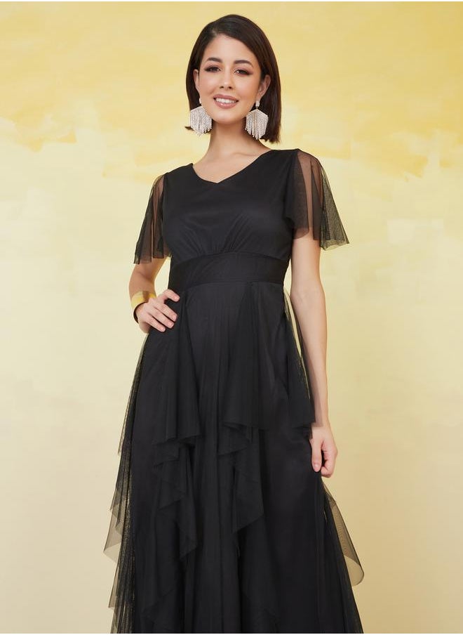 U&F - Mesh Insert Frill Sleeve V-Neck Maxi Dress by Styli - Image 1