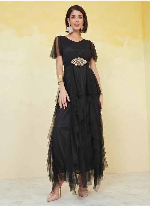 Mesh Insert Frill Sleeve V-Neck Maxi Dress by Styli