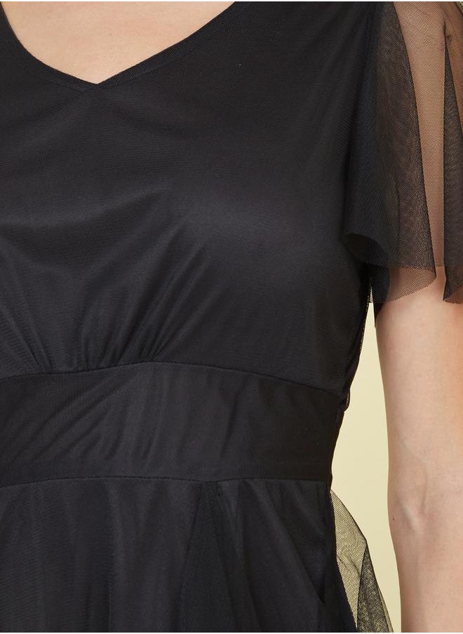 U&F - Mesh Insert Frill Sleeve V-Neck Maxi Dress by Styli - Image 1