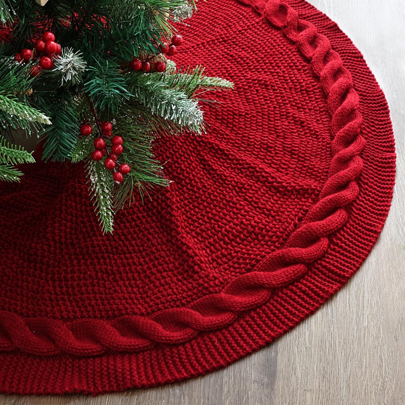 LimBridge LimBridge Knitted Christmas Tree Skirt 36 Inches Wine Red Tree Skirt Chunky Cable Knit Thick Rustic Christmas Tree Decorations Farmhouse Christmas Decor Xmas Holiday Home Party Decorations 